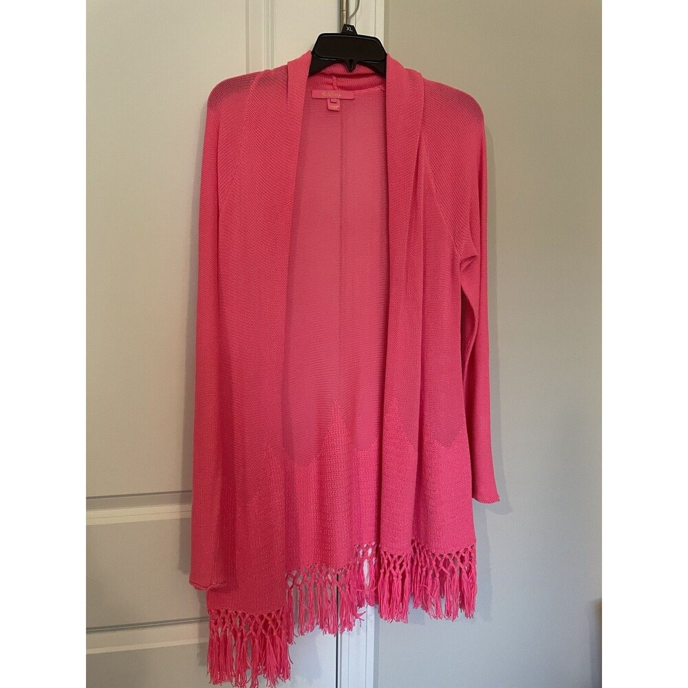 Lilly Pulitzer Tatum Fringe Hem Pink Open Front Cardigan Sweater Medium EUC - Picture 2 of 4